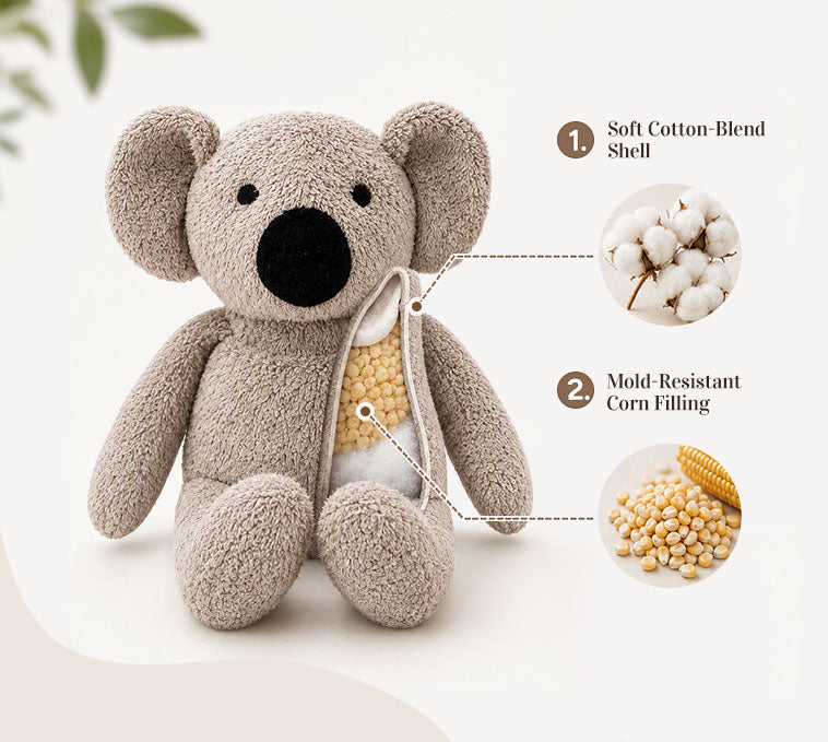 Ollie's cutaway showing a soft cotton-blend shell and mold-resistant corn filling